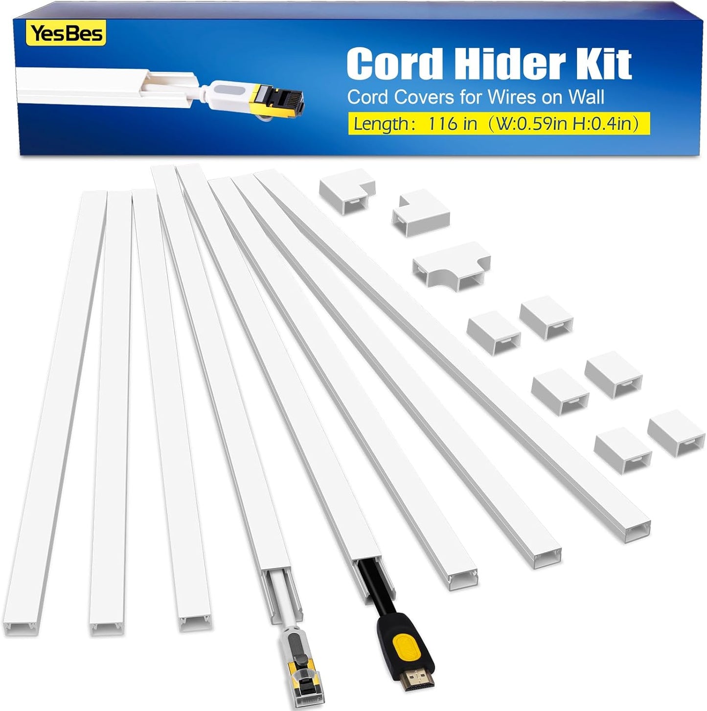 116In Cord Hider Kit, Cord Covers for Wires on Wall, Cord Hider for Wall Mount T